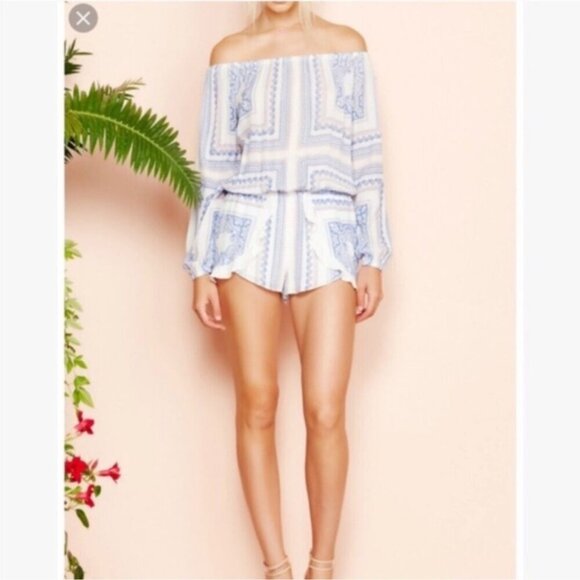 Lovers + Friends Carmella Romper Off Shoulder Balloon Sleeve Bella Scarf Size XS - Picture 8 of 12